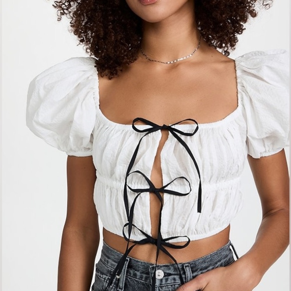 White Puff-Sleeve Tie-Front Crop Top